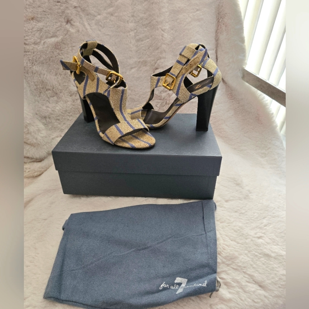 7 for all Mankind Hills sandals ,gold shade with blue strips. Used. Size 7